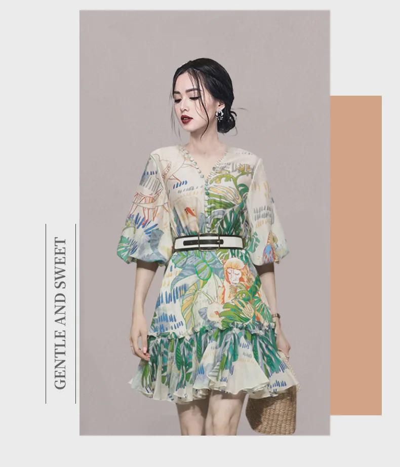 Elegantes 2024 Retro-Druckkleid mit Laternenärmeln für Damen