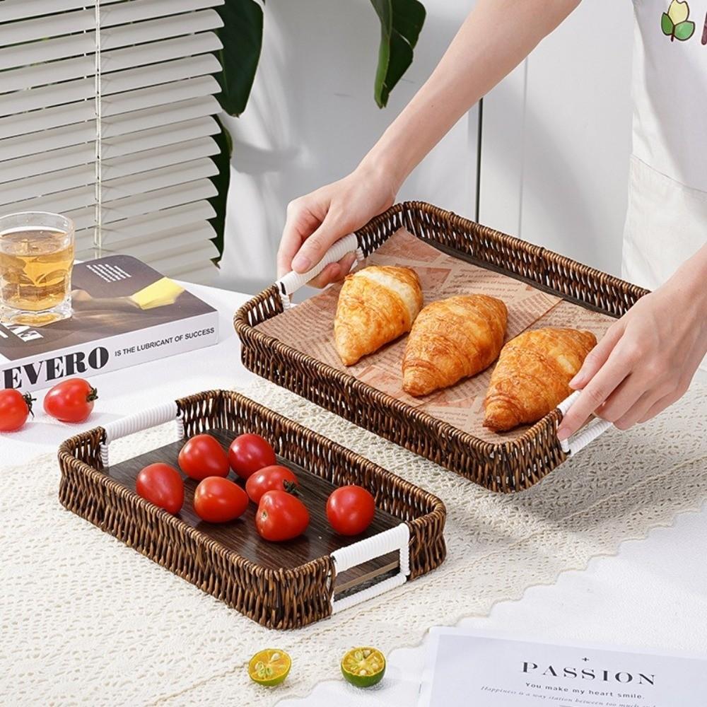 Handwoven Wicker Serving Tray Woven Handheld Plastic Rattan Storage Tray  Kitchen Storage