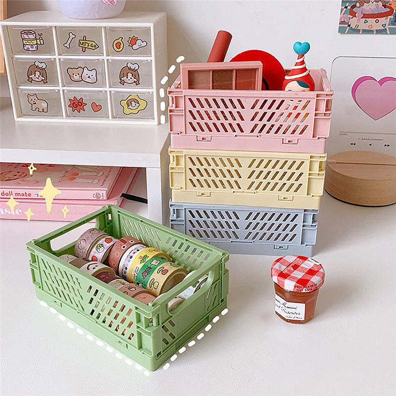 Collapsible Crate Plastic Folding Storage Box Basket Utility Cosmetic Container Desktop Holder Home Use School Desk Storage Box
