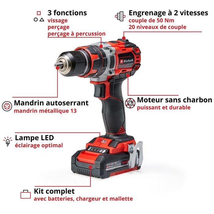 Einhell professional perceuse visseuse à percussion sans fil tp-cd 18/50 li-i bl pxc (18v) livré avec 2 batteries et chargeur