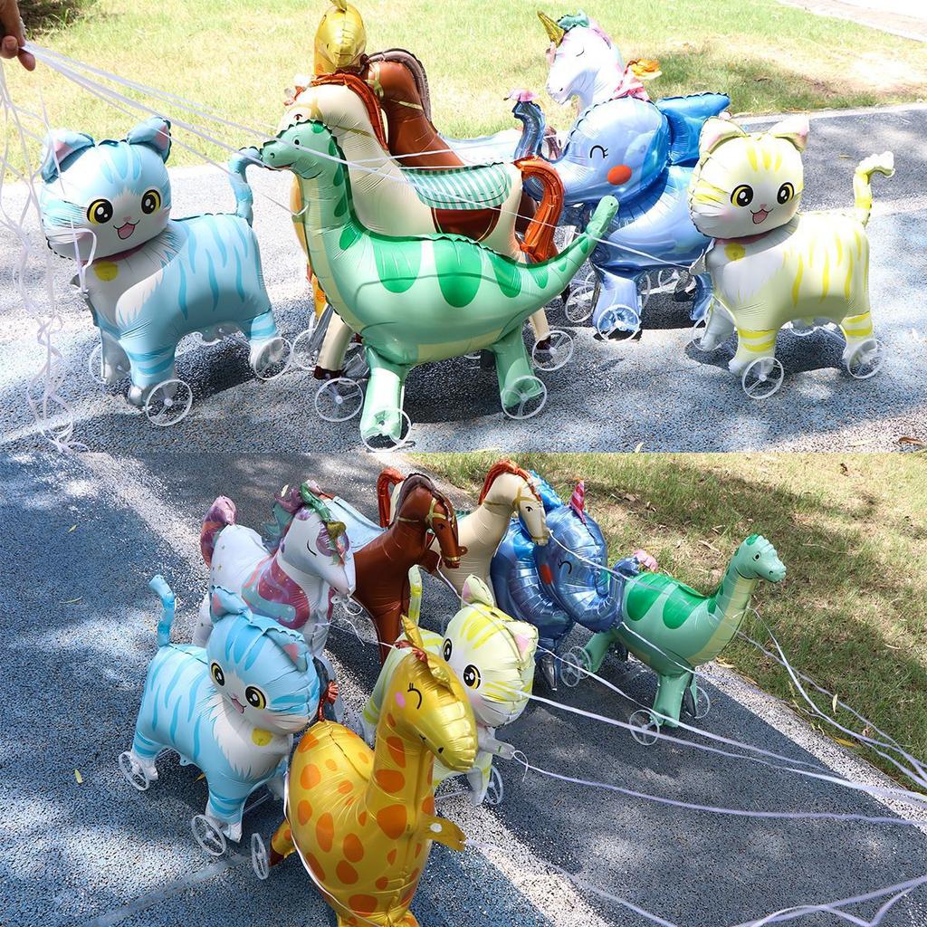 Cartoon Animals Stand Up Aluminum Film Balloons with Wheels Tiger Giraffe Elephant Dinosaur Birthday Party Decoration