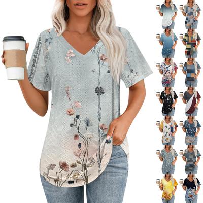 Damen-T-Shirts mit V-Ausschnitt, kurzärmelig, lässige Oberteile, lockere Passform, Basic-T-Shirts mit abgerundetem Saum