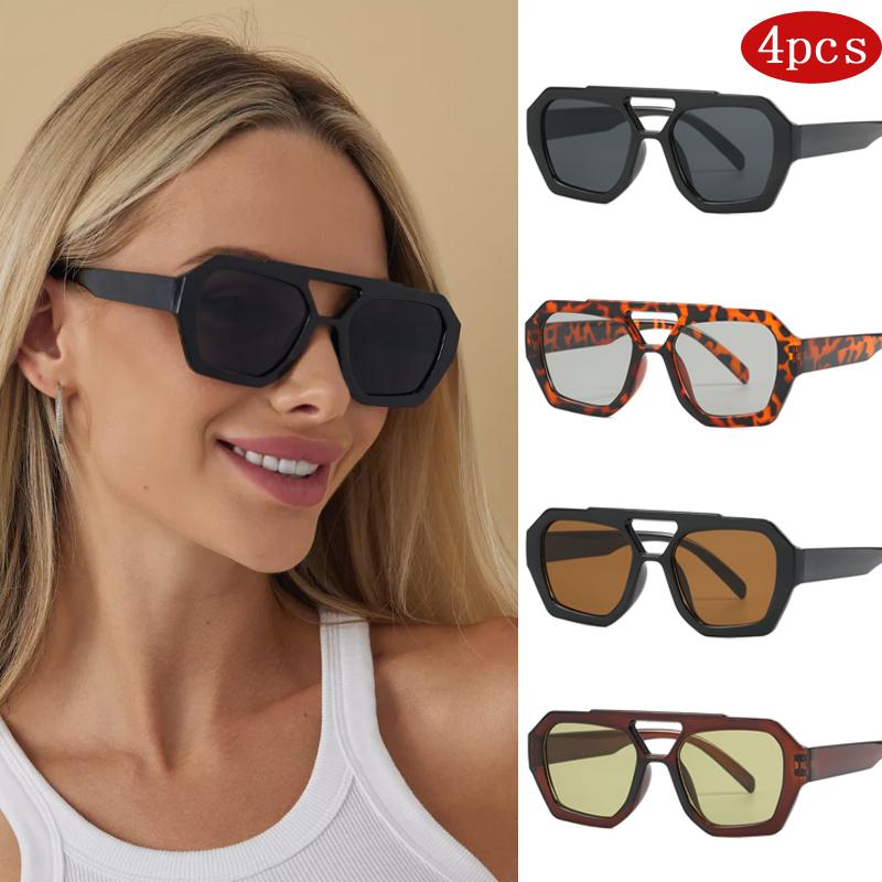 

4Pcs Fashion Female Double Bridges Square Sunglasses Simple Casual Design Eyewear High Quality Outdoor Sunscreen Glasses Uv400