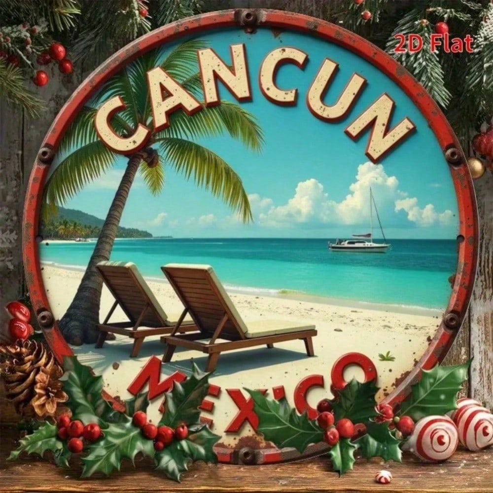 

1PC Cancun Beach Metal Wall Art Sign Flat Round Tropical Scene Decor For Porch Living Room Bathroom 20x20 різнокольоровий