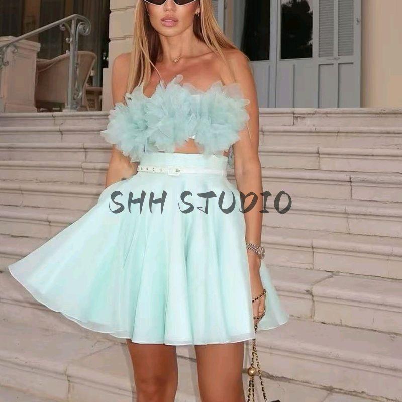 Summer New Women clothes Seaside Holiday Style Three-Dimensional Flower Decoration Tube Top Top + Leisure Skirt sets