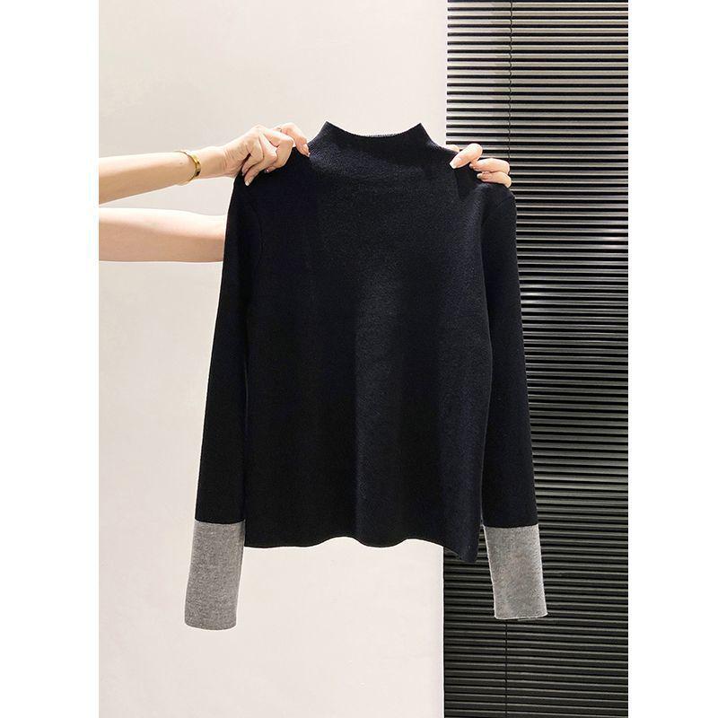 Women's Super Soft Color Block Knitted Turtleneck T-Shirt - Trendy, High-End Autumn/Winter Layer
