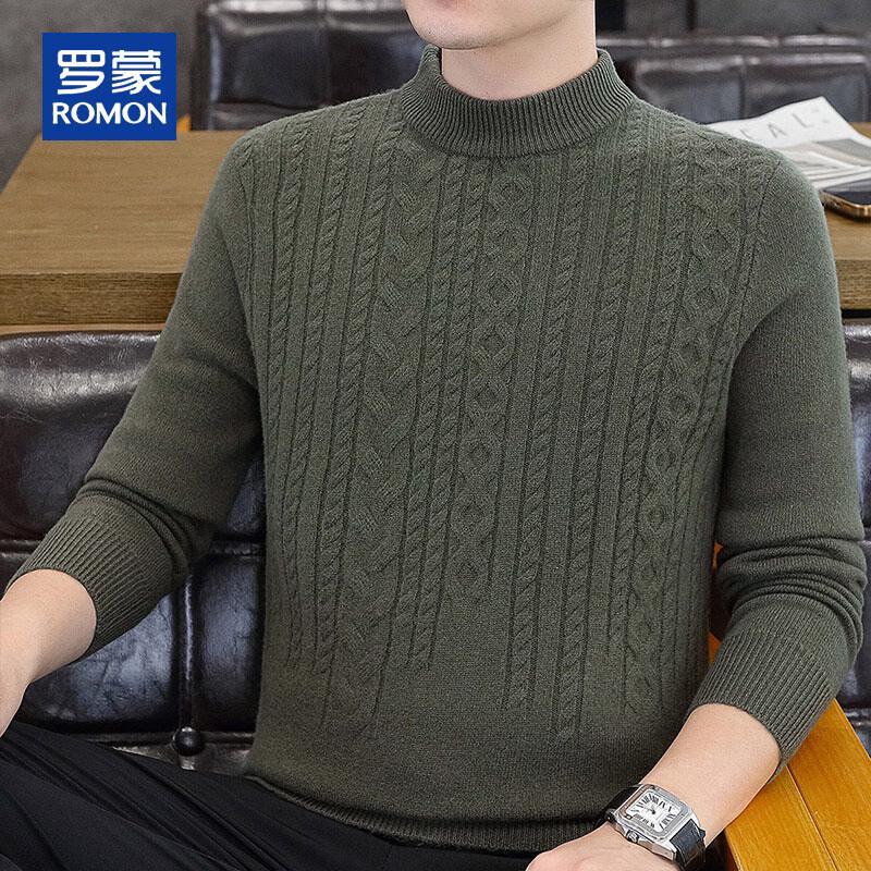 ROMON Men's 100% Pure Wool Cable Knit Mock Neck Sweater