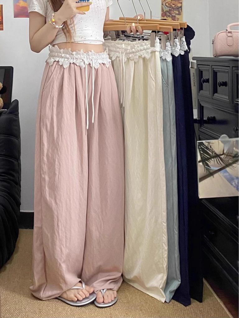 Women's 2025 Summer Lace Patchwork Ice Silk Wide-Leg High-Waist Pants