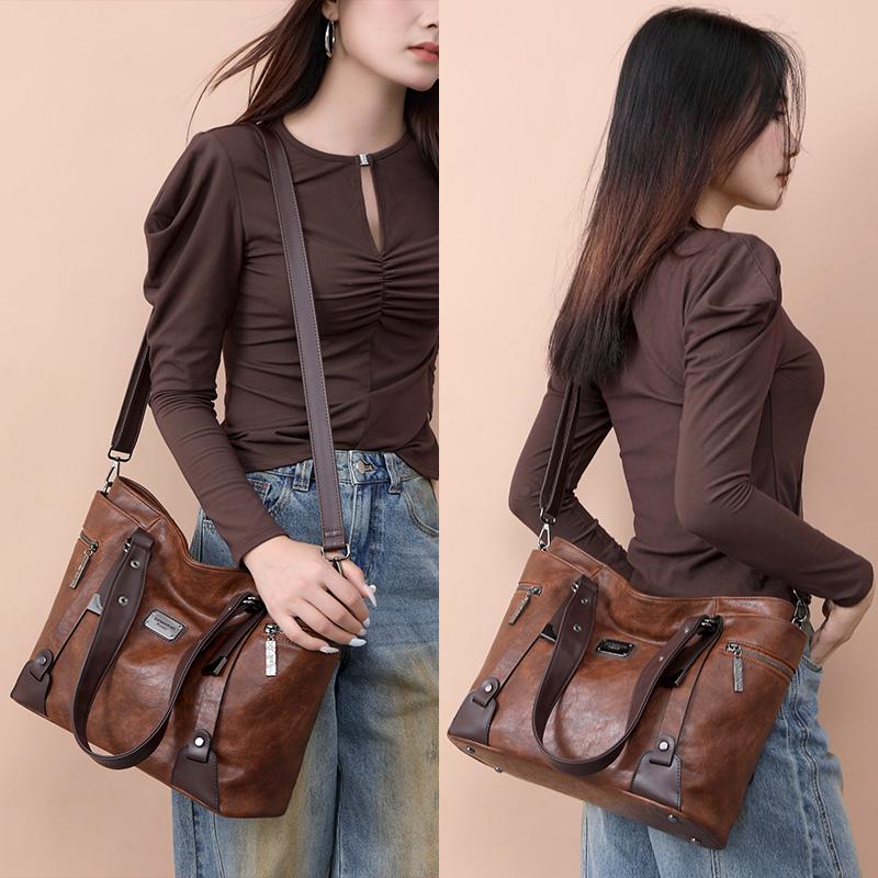 Fashion Retro Women's Leather Bag Soft Portable One-shoulder Messenger Tote Bag Large-capacity Women's Bag