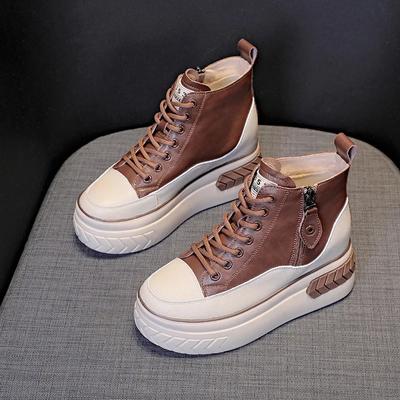 Women Shoes Leather 8cm Platform Boots Wedge Hidden Heel Zip Spring Autumn Warm Fur Winter Shoes Sneakers 2024