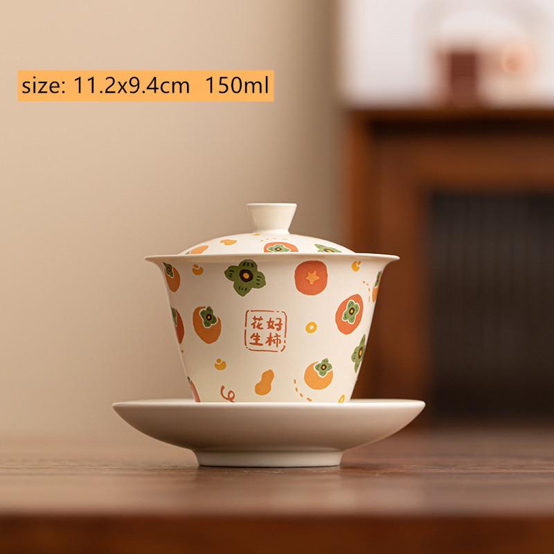 

Chinese Ceramic Gaiwan Handmade Persimmon Peanut Pattern Tea Tureen Household Teacup Tea Bowl Portable Teaware Accessories