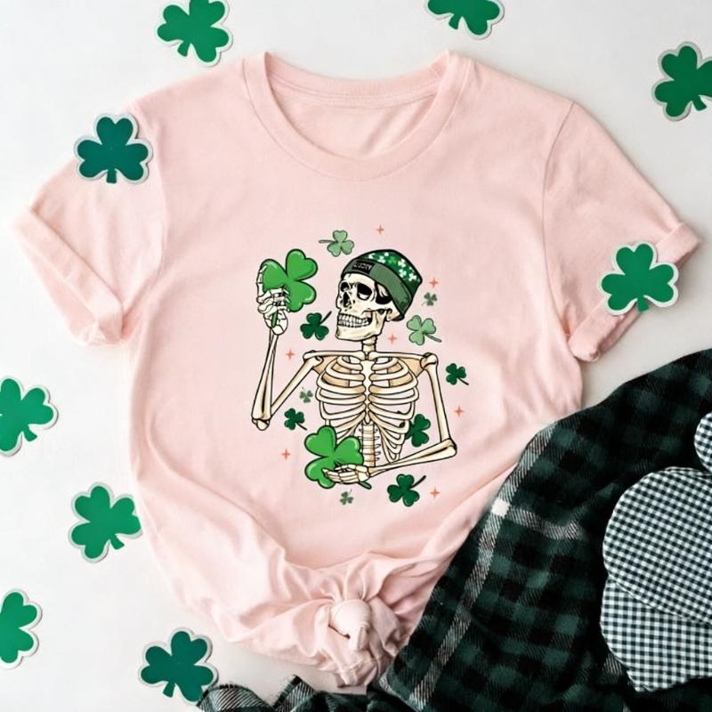 Patricks St Pattys Skeleton Dancing Funny Irish Shirt Saint Day Shamrock Unisex Graphic Tshirts Crewneck Regular Short Sleeve