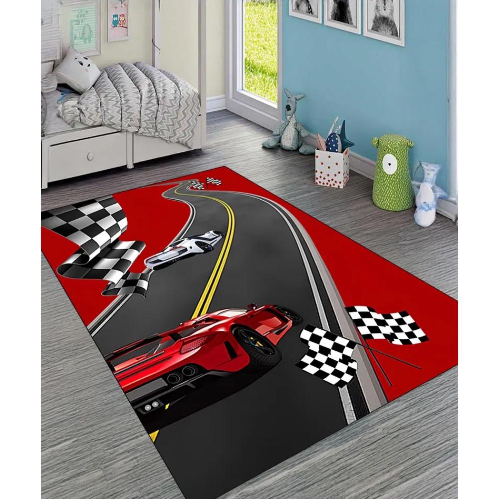 Tappeto Tappetino Tappeto Pista da Corsa per Bambini Design Curva 3D con Macchina da Corsa Bandiera a Scacchi Decorazione per la Casa Tappeti per Camera da Letto