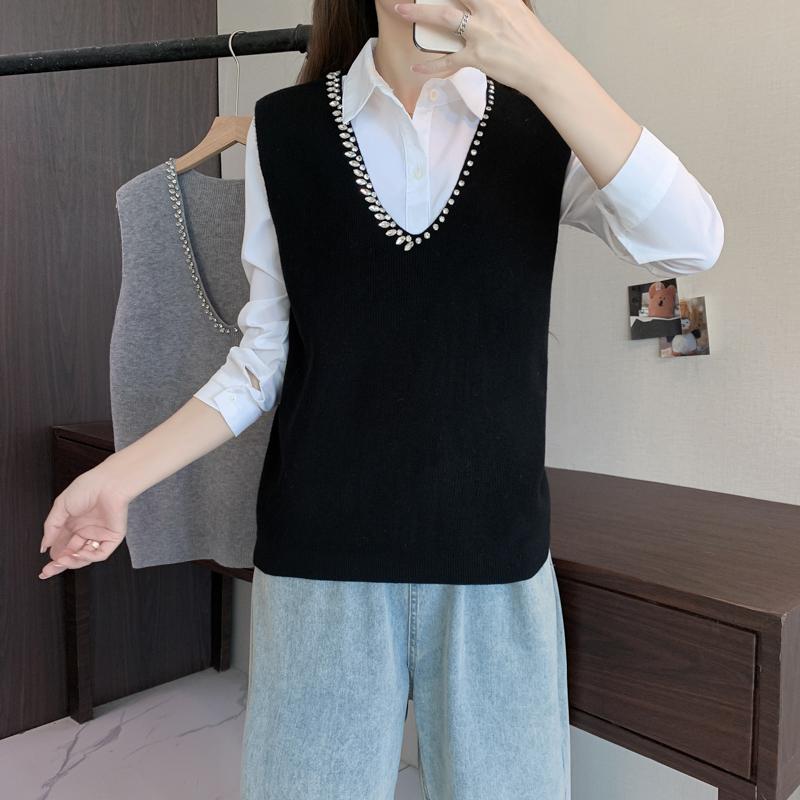 Women Vests Sweaters 2025 Sleeveless V-Neck Black Knitted Vest Sweater Women Tops JJ65