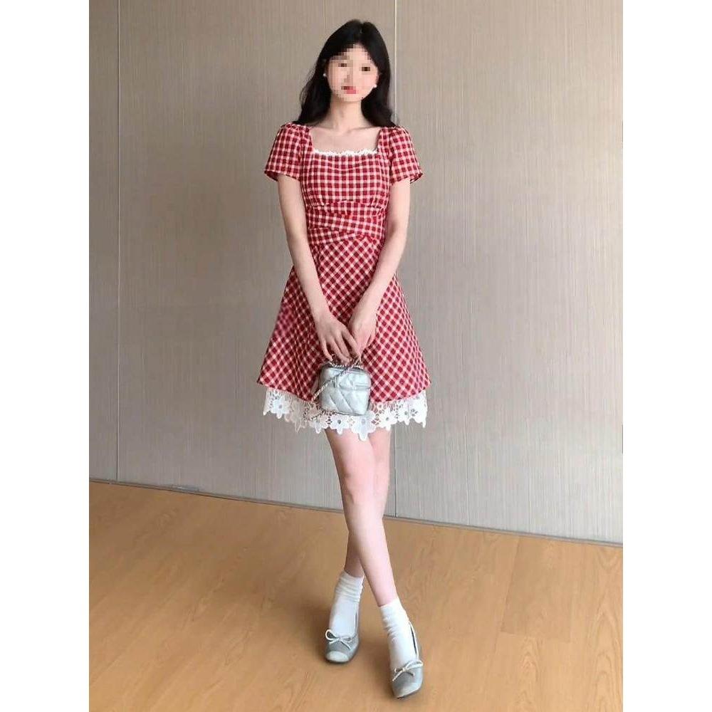 French square neck red plaid dress women's summer small retro dress
