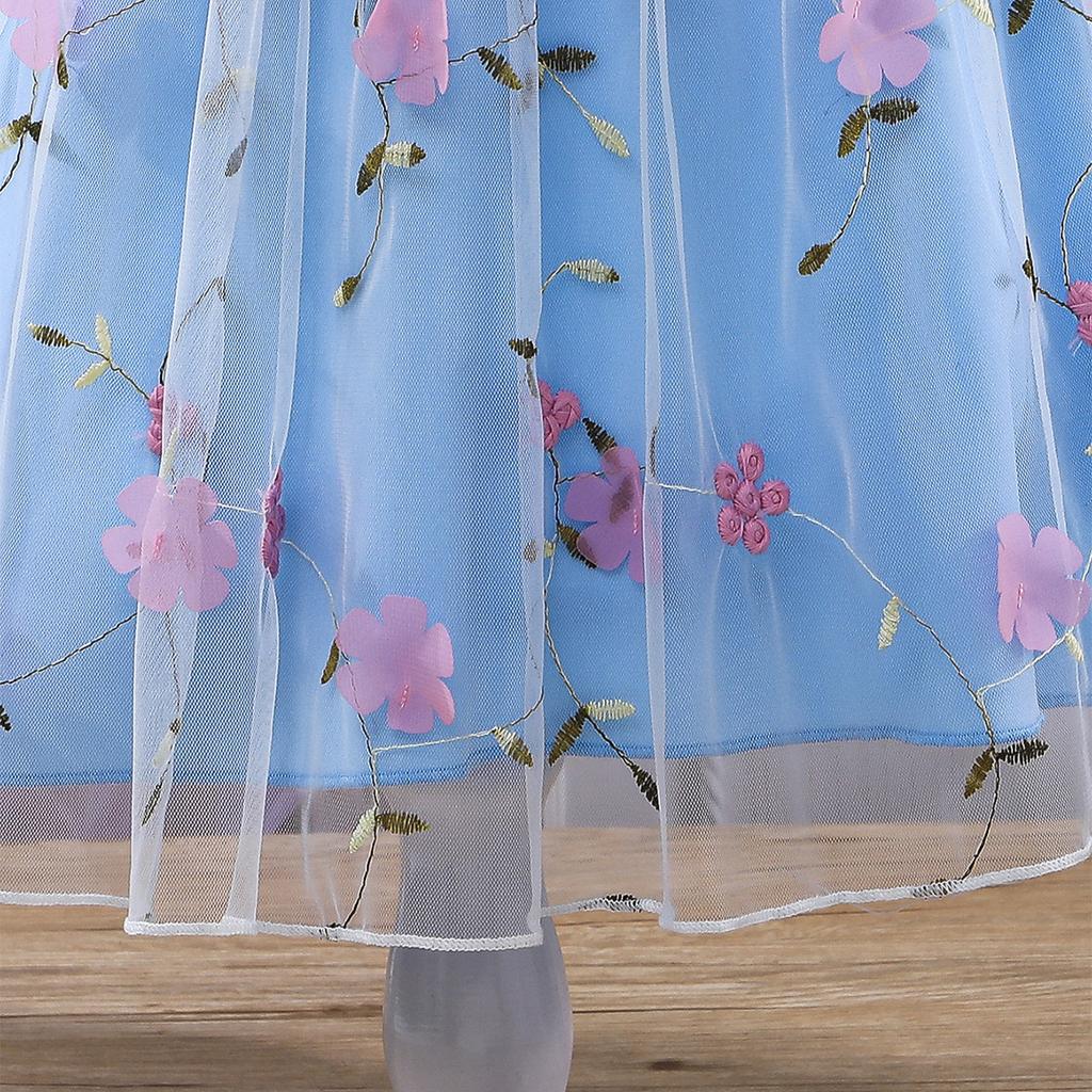 Dívčí elegantní princeznovské šaty ze síťoviny s volánovým výstřihem Letní dětské módní šaty