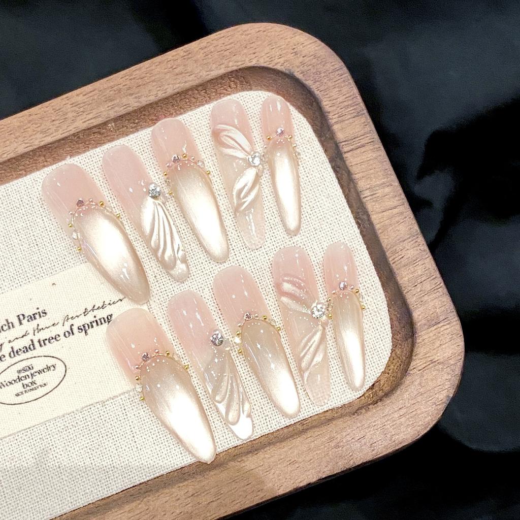 10Pcs Cat Eye Stiletto False Nails with Ribbon Design for Women