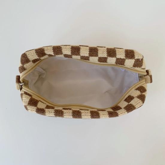Checkered Makeup Bag for Women Knitted Travel Cosmetic Pouch Portable Plaid Toiletry Organizer with Zipper for