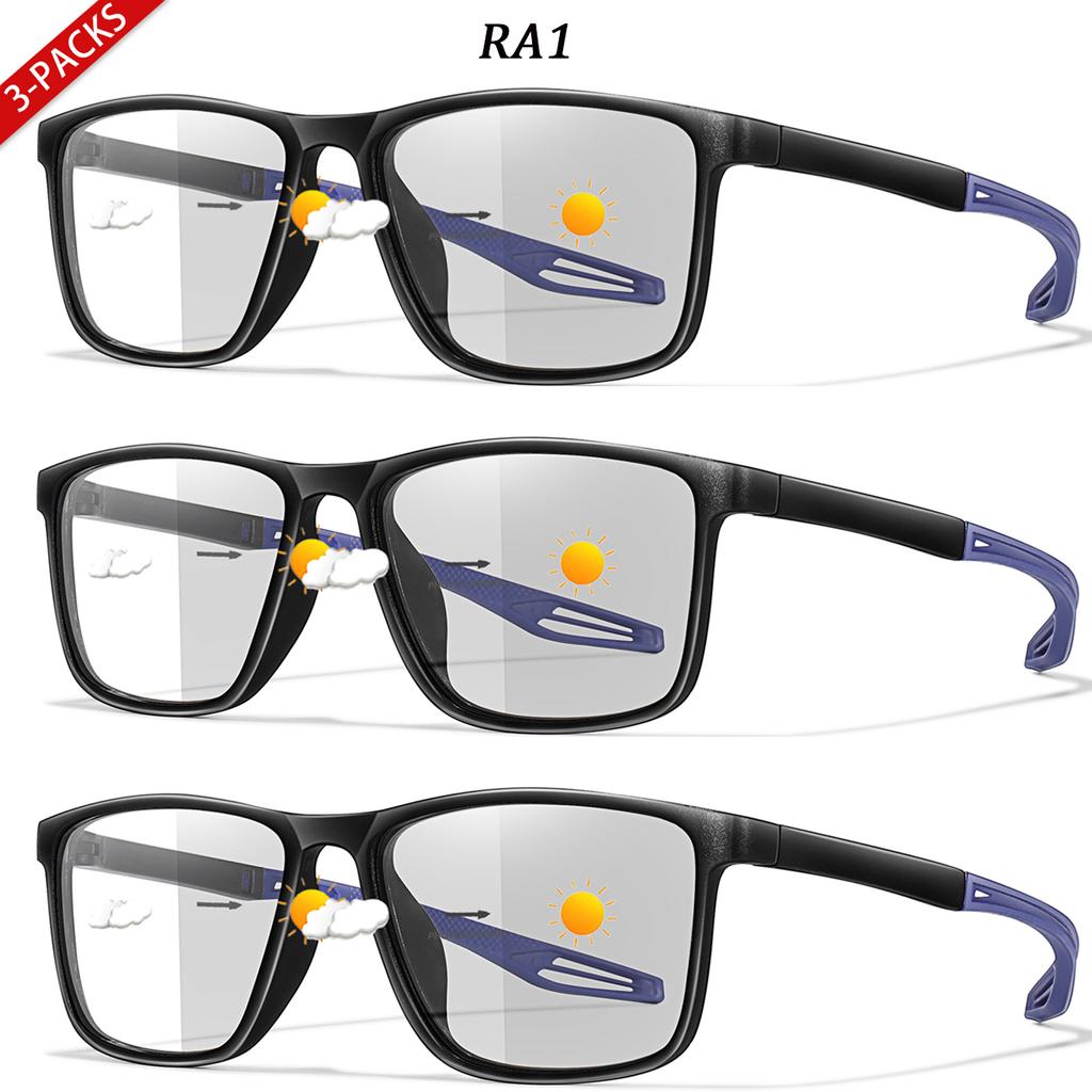 3 Pairs Reading Glasses Photochromic Classic Square Far Sight Presbyopic Glasses Anti Blue Light Blocking Ultralight Eyewear