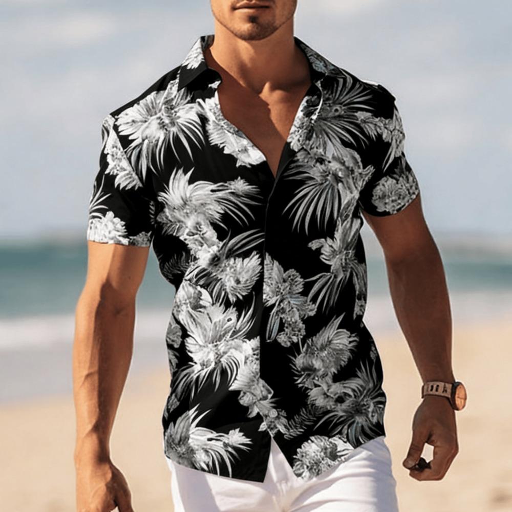 Men's Tropical Floral Print Short Sleeve Shirt, Spring Summer Cool Vacation
