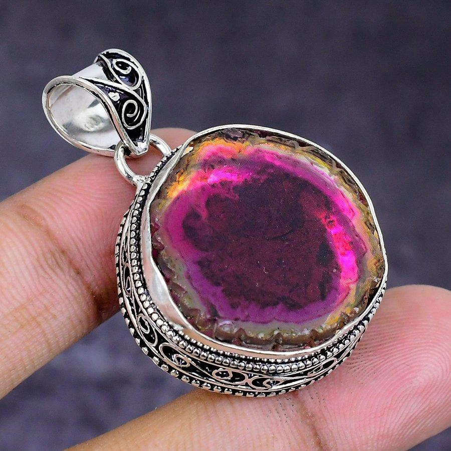 Natural Watermelon Tourmaline 925 Sterling Silver Jewelry Pendant 1.58" ETC-14700