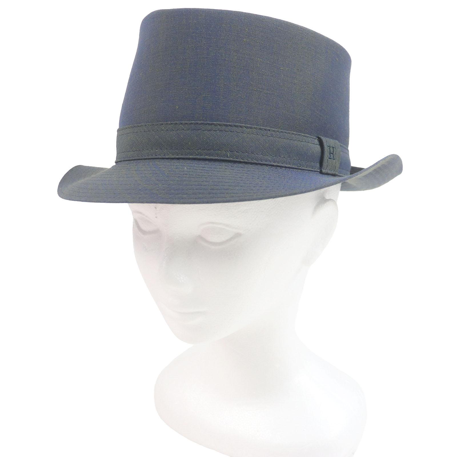 

Excellent HERMES hat Linen Blend H Logo Embroidered Fedora Blue linen mens Used
