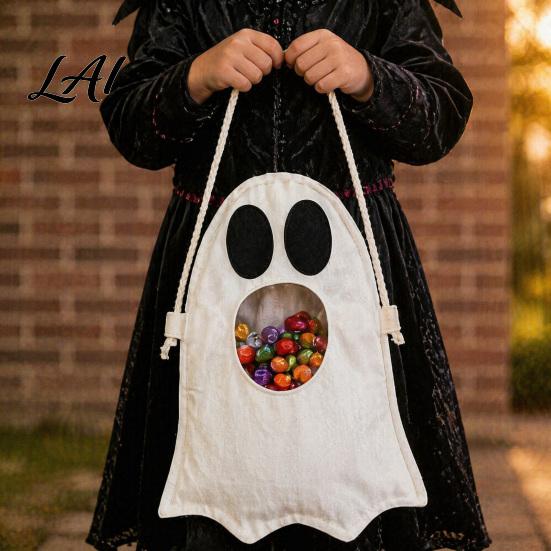 Funny Ghost Design Pouch Halloween Candy Bag for Kids Cute Fabric Treat or Trick Durable Holder Tote with Handle Spooky Snack Goodie Bags