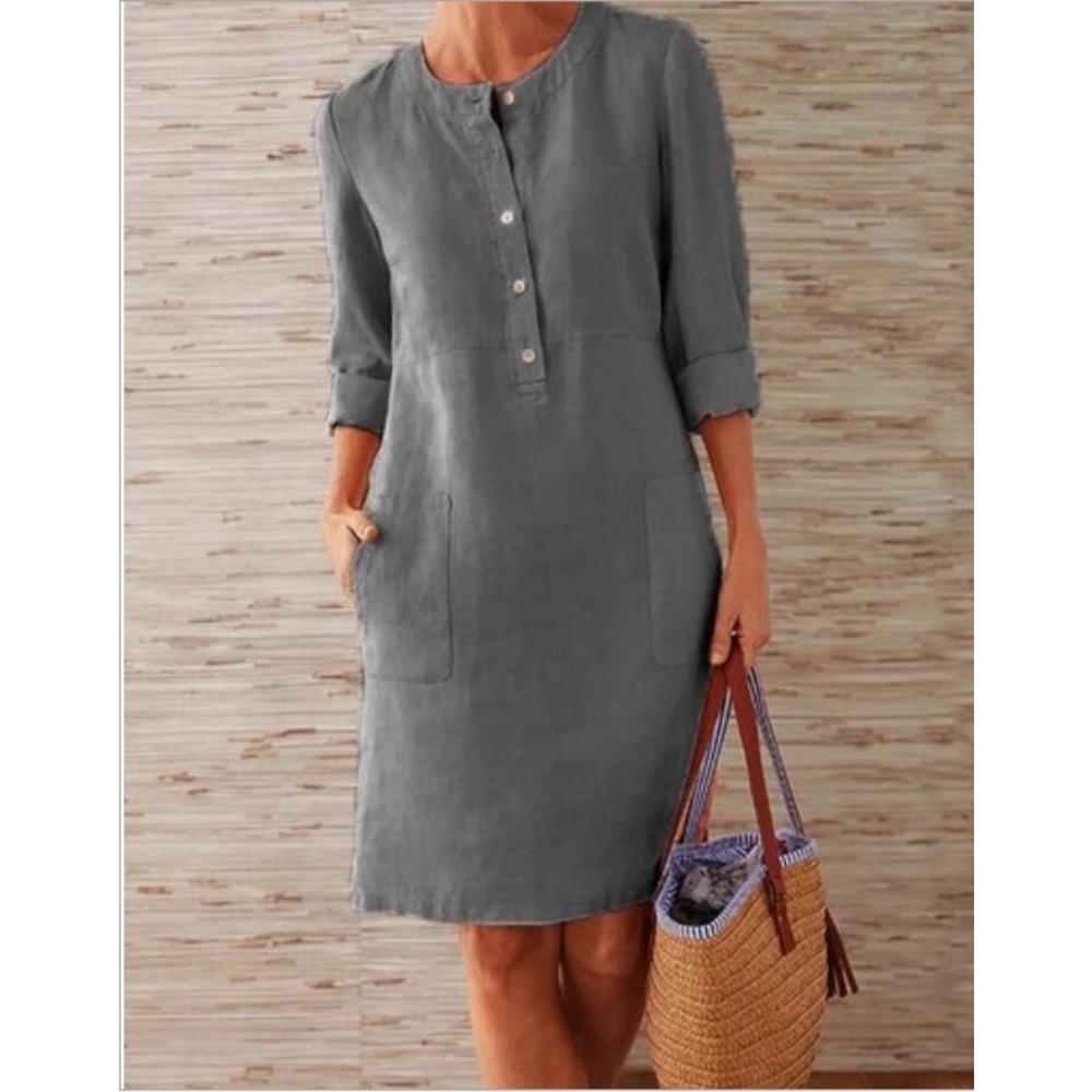 QICED Spring Plus Size Women's Cotton and Linen O-Neck Long Sleeve Dress