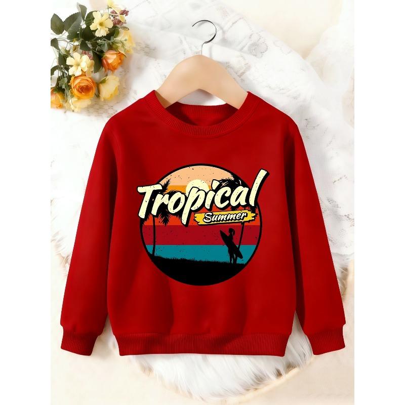 Unisex Kids Crewneck Sweatshirt, Vintage Tropical Summer Surf Palm Tree Sunset Pullover, Boys Girls Beach Casual Sweatshirt For Kids Over 4 Years Old