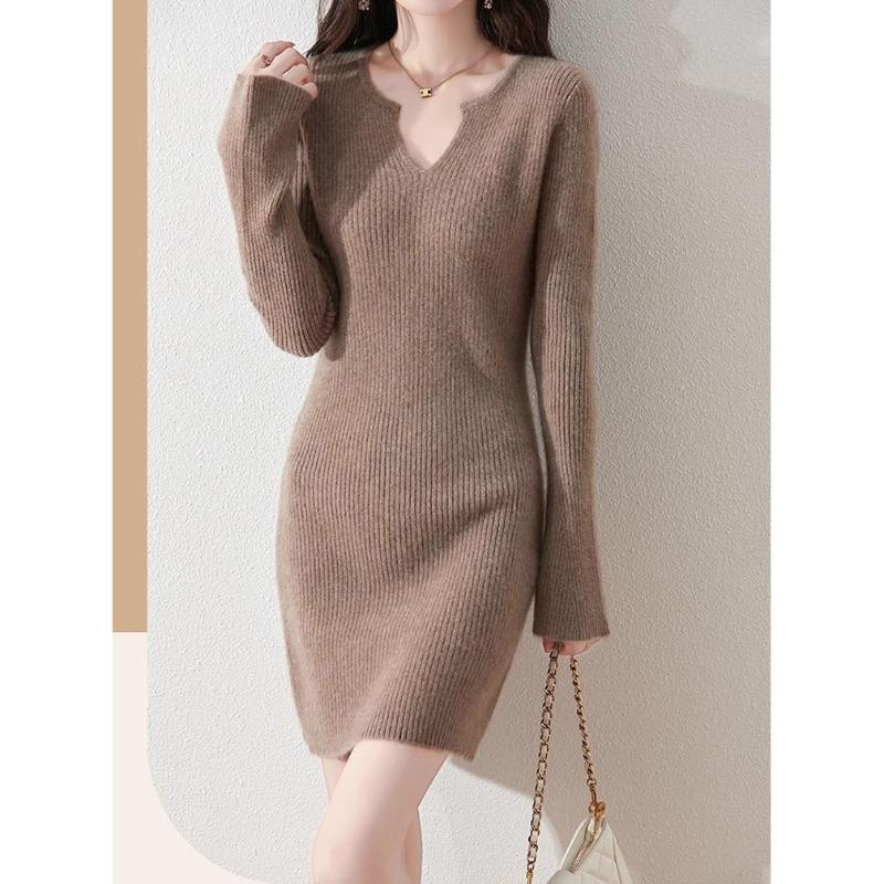 V-neck horn sleeve temperament slim-fitting knitted sweater skirt autumn and winter new medium and long solid color bottoming dress