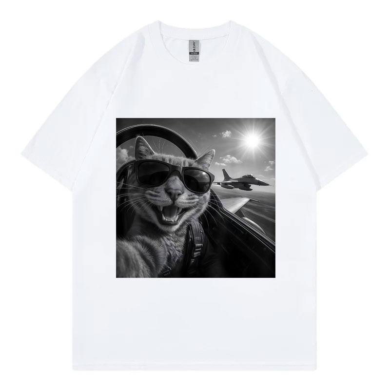 Cat Pilot Selfie Funny Meme Graphic T Shirts High Street Fashion Trend Short Sleeve Tshirts Unisex Unisex Casual 100cotton Tshirt