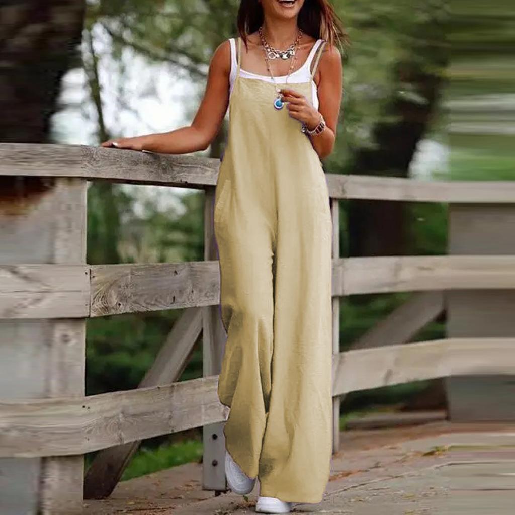 Women's Fashion Casual Cotton And Linen Adjustable Suspender Jumpsuit Pants Solid Color Leg Split Jumpsuit