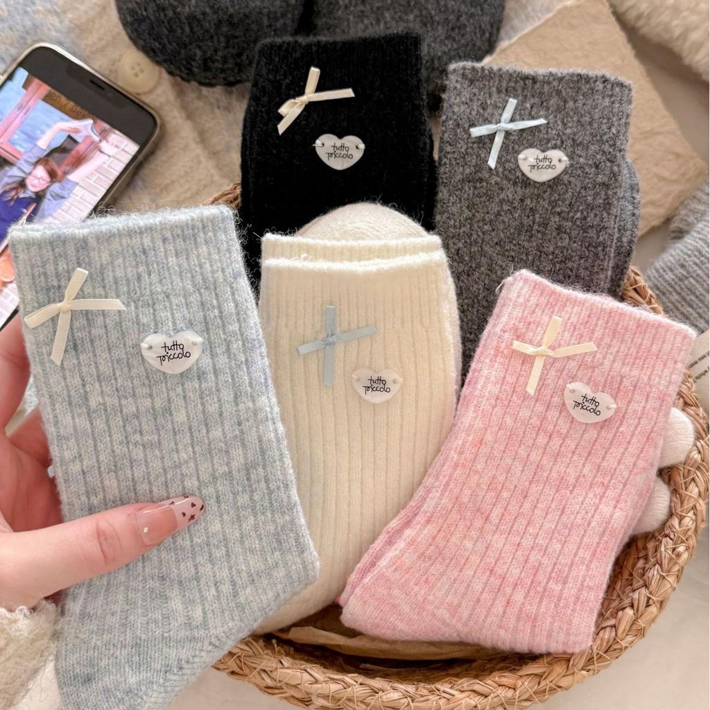 Thickened Buttons, Korean Bows, Gray Wool Socks, Love Girl Socks, Piles Of Socks