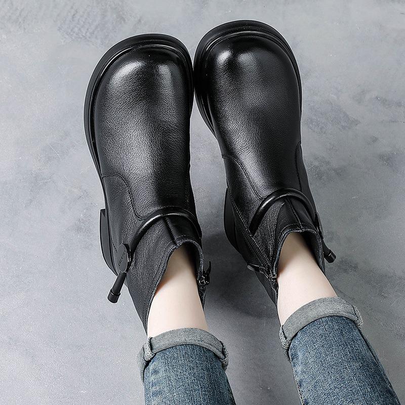First layer cowhide autumn and winter new retro thick heel Martin boots medium heel leather boots women's thick heel short boots