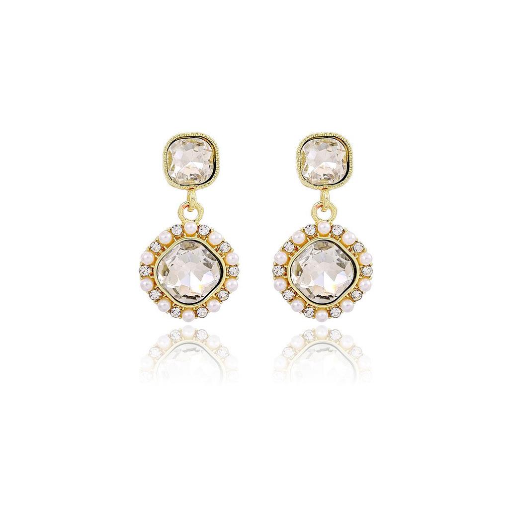Silver Needle Chic Retro Geometric Square Earrings with Rhinestones & Pearls for Women