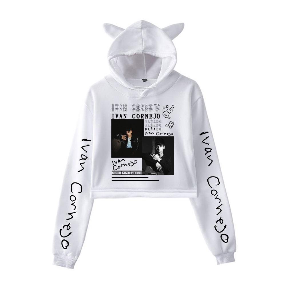 Fashion Iván Cornejo Printed Kawaii Crop Top Hoodie Funny Cat Ear Cropped Short Sweatshirt Hooded Pullover Women Tops Streetwear