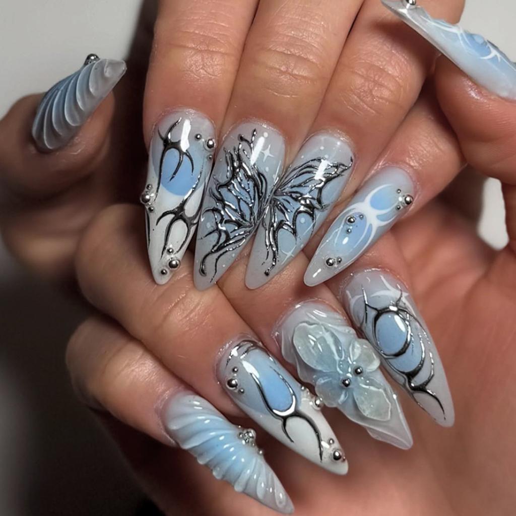 24 Stück Y2k Rosa 3D Schleife Französische Falsche Nägel Süß Cool Metall Silber Stern mit Diamanten Mandel Falsche Nägel Luxus Nägel Press On