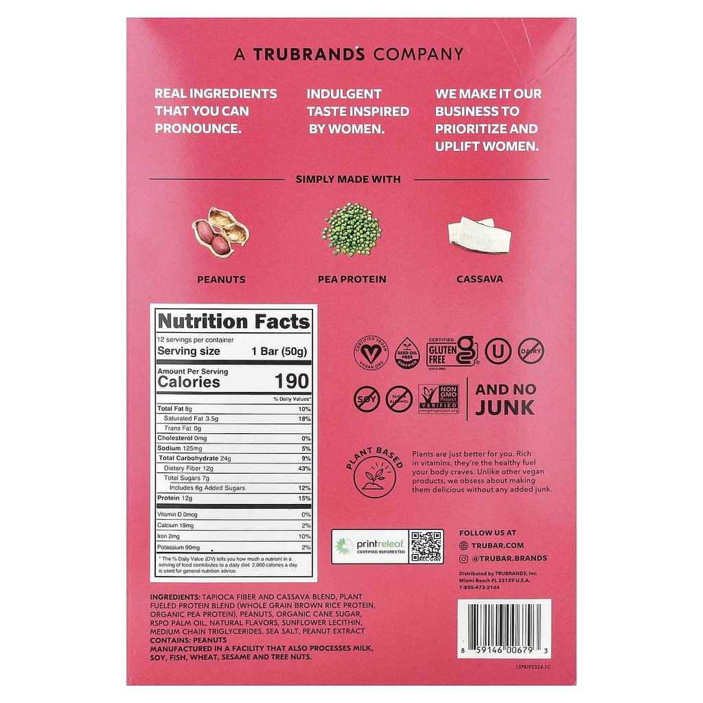 Trubar, Plant-Based Protein Bars, Get in My Belly, Peebee & Jelly, 12 Bars, 50g (1.76oz) Each