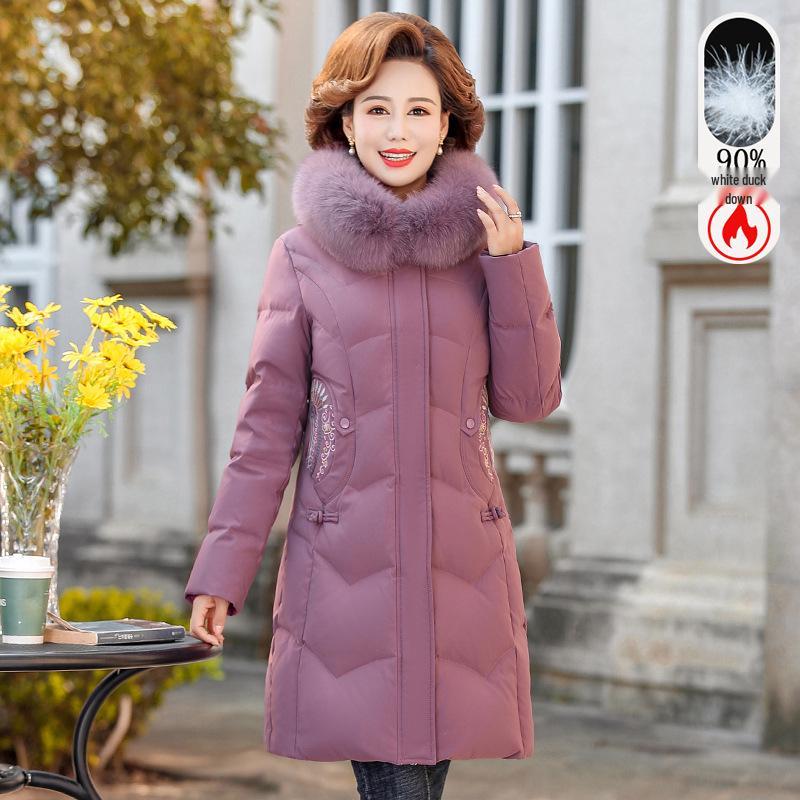 

Women s Mid-Length Hooded Winter Down Jacket - Warm Embroidered White Duck Down Coat for Middle-Aged & Elderly 3XL (For 115-130 Jin)
