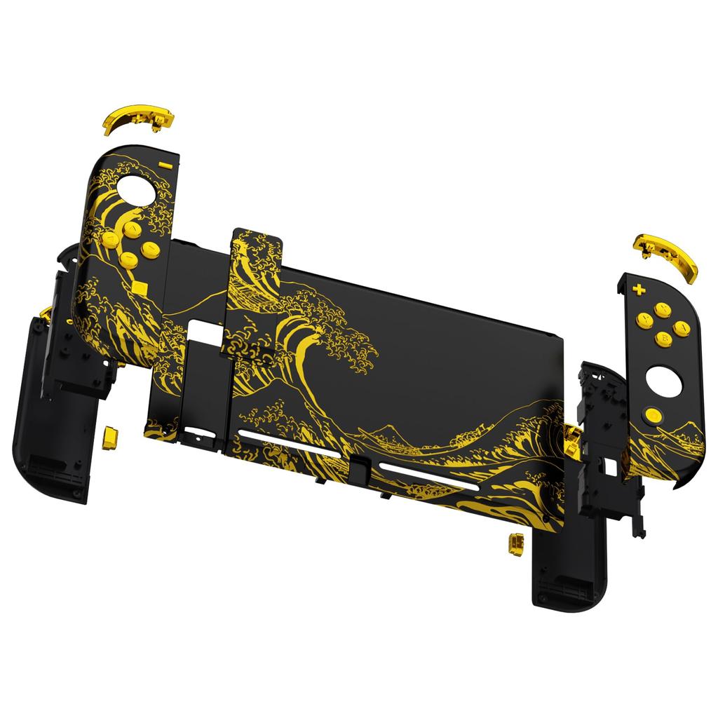 Custom DIY Replacement Case Shell Compatible with eXtremeRate Comes with Patterned Back Holder Handle Controller Full Button Set Wave Pattern Black