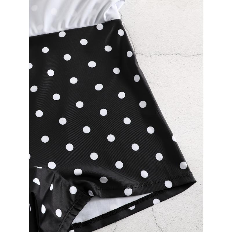 Black Polka Dot Swimdress One Piece Swimsuit Tummy Control Skirted Bathing Suit
