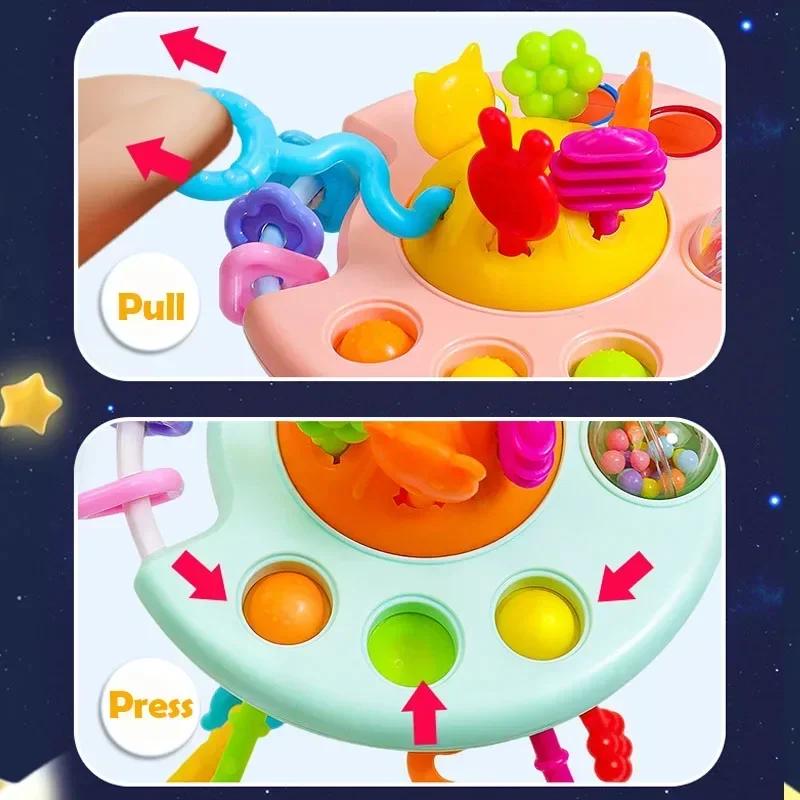 Non-Toxic Cartoon Duck Astronaut Pull String Montessori Activity Development Silicone Teething Sensory Grip Training Early Educational Toy