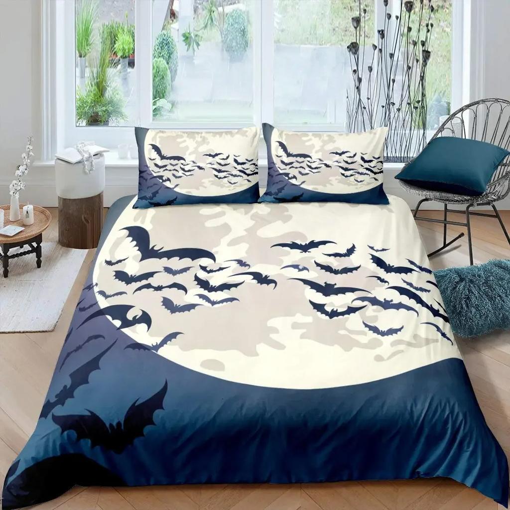 Dark Night Halloween Moon Bat 3D Printed Bedding Set Cozy Soft Duvet Cover Set King Queen Twin Size Halloween Gift Bedroom Decor