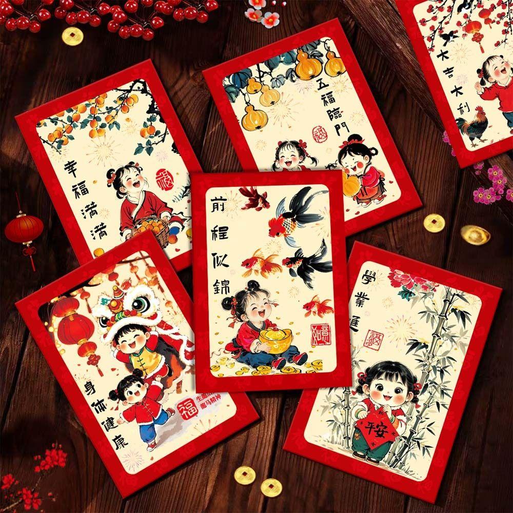 6pcs Oil Painting Style Chinese New Year Red Envelopes Traditional Red Pocket  Lunar New Year Gifts