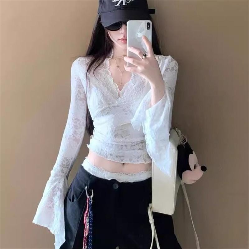 

Women s White V-Neck Lace Shirt: Sexy, Slimming Long Sleeve for Early Autumn Small