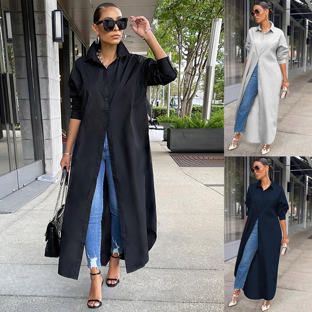 Lässiges, lockeres, langes Hemd für Damen mit langen Ärmeln, einfarbiges Hemdkleid mit langen Ärmeln