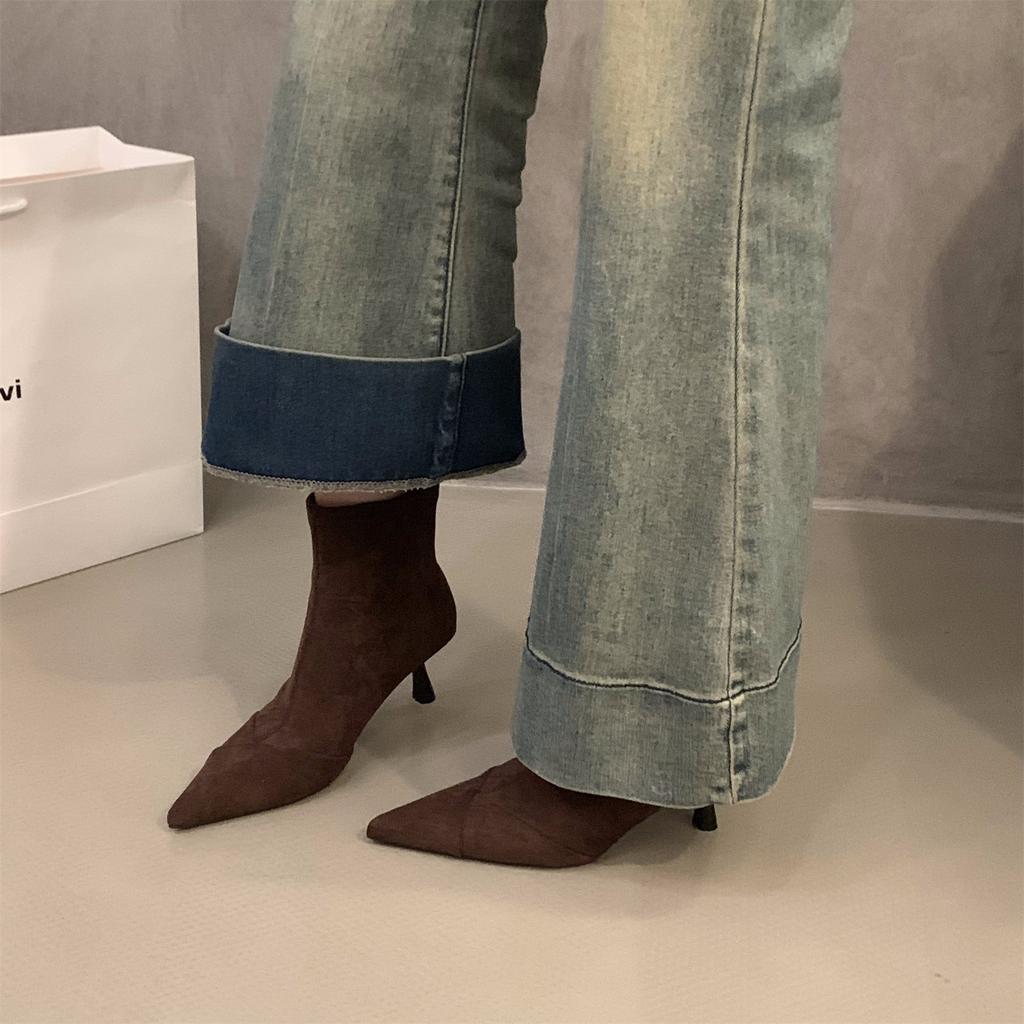 High Heel Thin Heel Pointed Suede Thin Boots Short Boots Women's Shoes 2025 New Autumn and Winter Brown French Small Ankle Boots