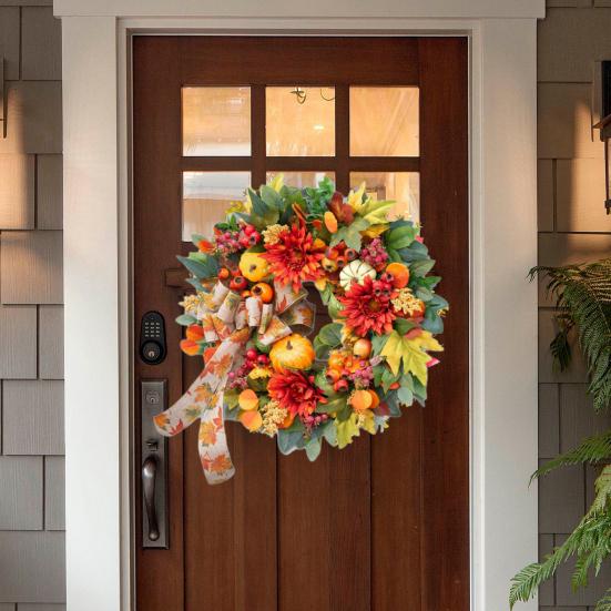 18 Inch Fall Wreath for Front Door Artificial Pumpkin Wreath with Dahlia Berries And Bow Large Autumn Wreath for Thanksgiving Farmhouse Indoor