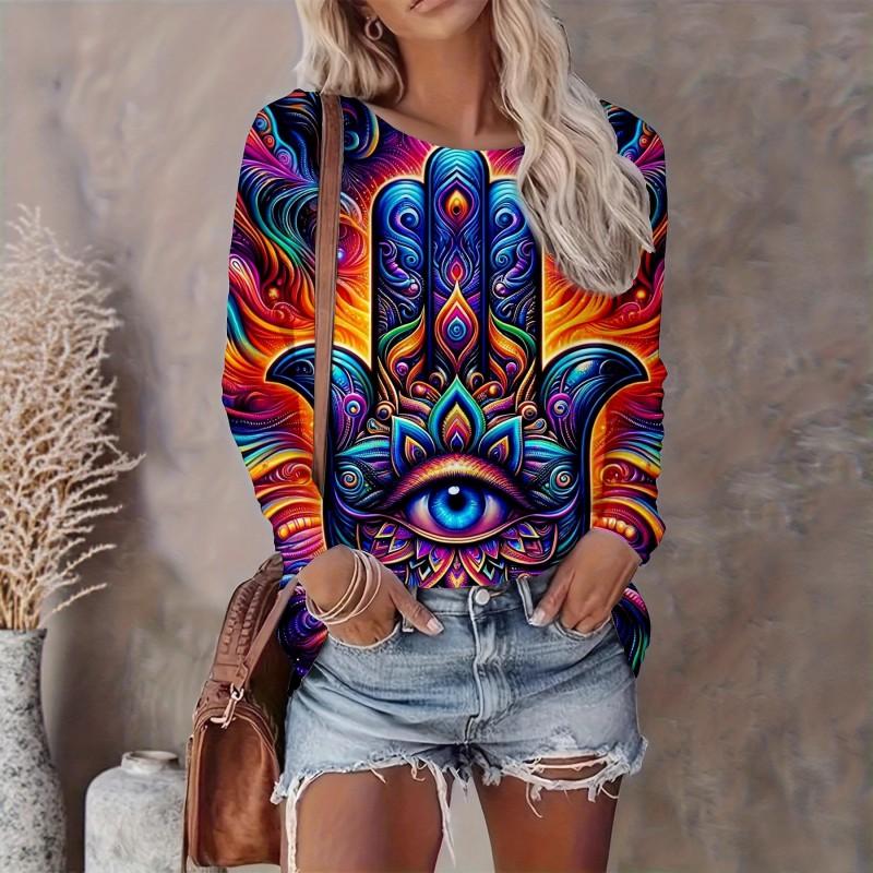 Womens Casual Abstract Print Long Sleeve Crew Neck T-Shirt 3D Effect 2025 Comfort Fit