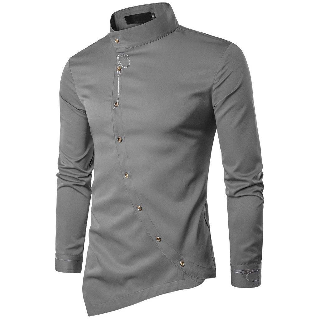 Men's Casual Slim Shirt Striped Solid Color Irregular Shirt Loose Plus Size Shirt